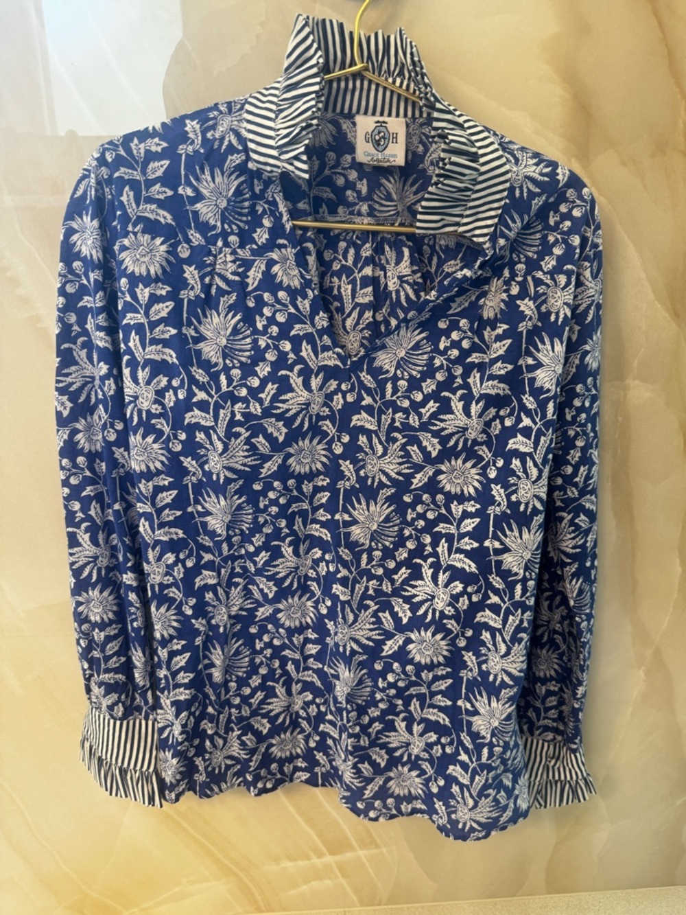 Grace Harris custom Blue and White Floral Button-Up Blouse